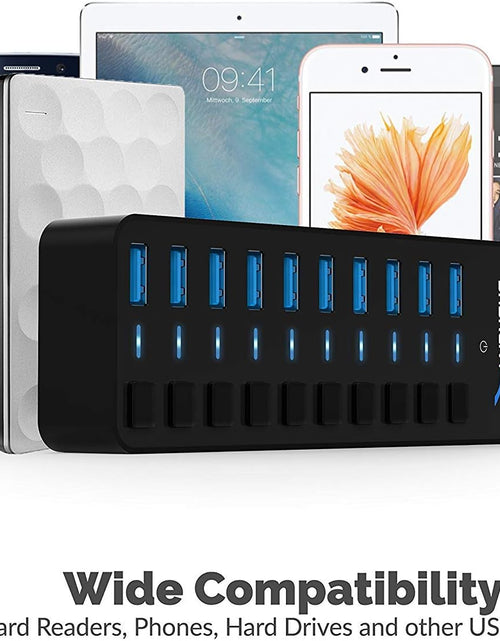 Load image into Gallery viewer, 10-Port 60W USB 3.0 Hub with Individual Power Switches and Leds, Includes 60W 12V/5A Power Adapter (HB-BU10)
